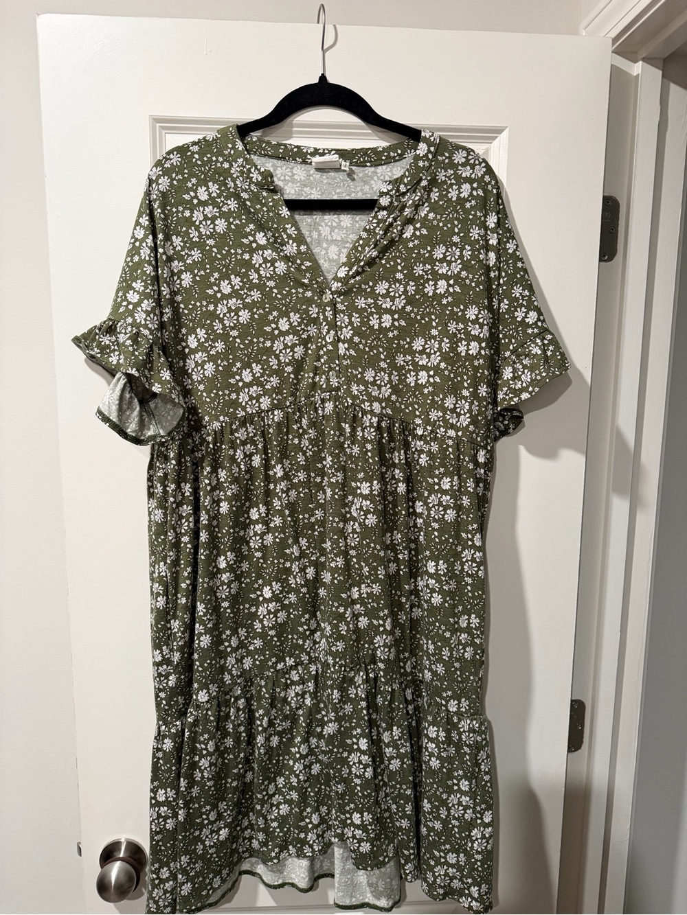 Simple Olive Green Floral Midi Dress